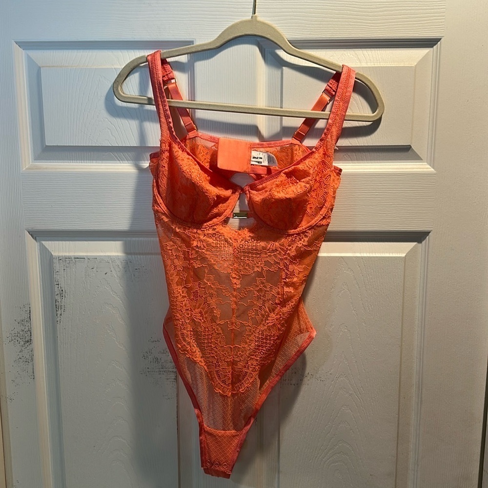 NWOT! Aerie Neon Coral Lace Underwire Cutout Bodysuit 36DD Lingerie Festival